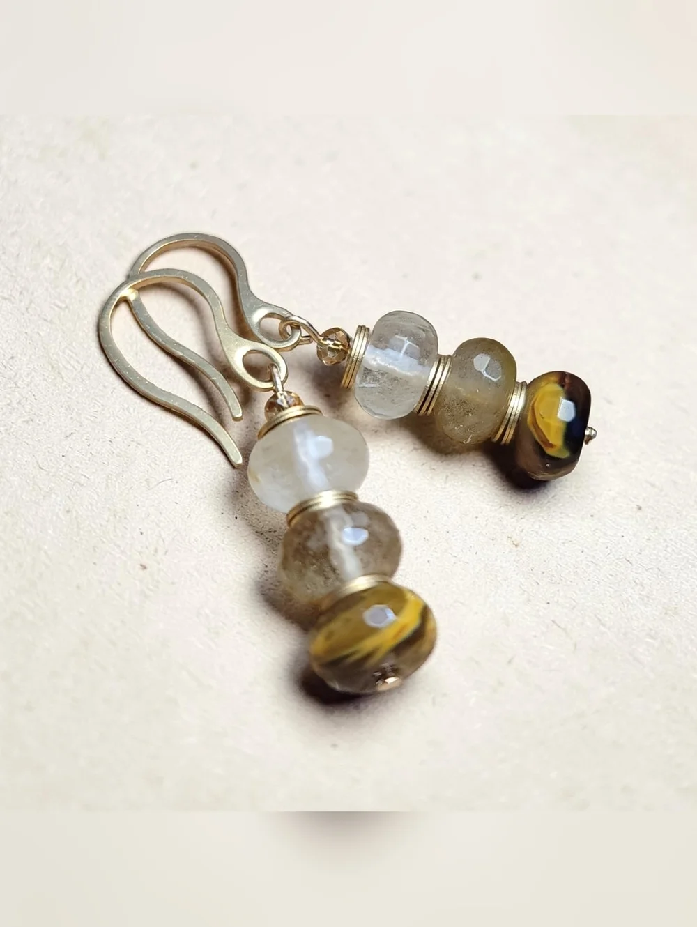 Handmade Volcano Cherry Quartz Dangle Earrings Gold Tone Neutral Beaded Drop